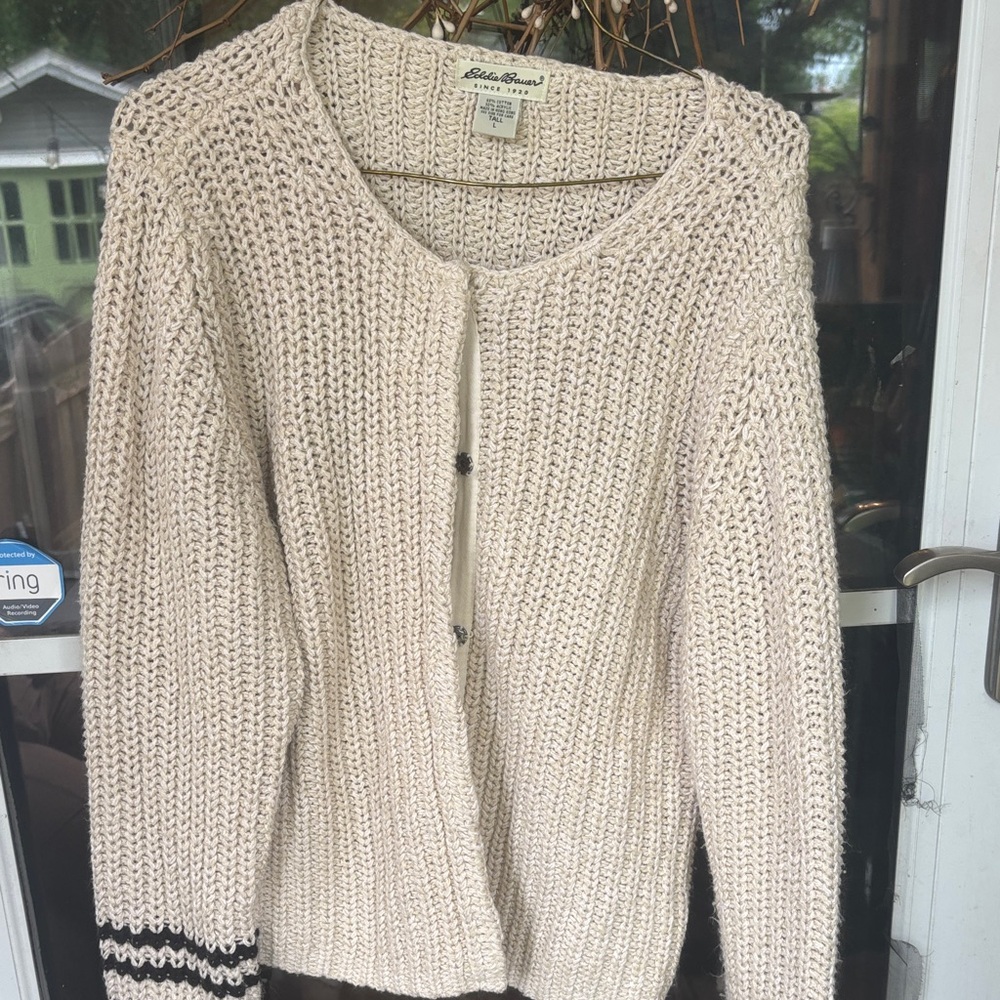Eddie Bauer Chunky Cream Knit Cardigan with Black Stripe Cuffs